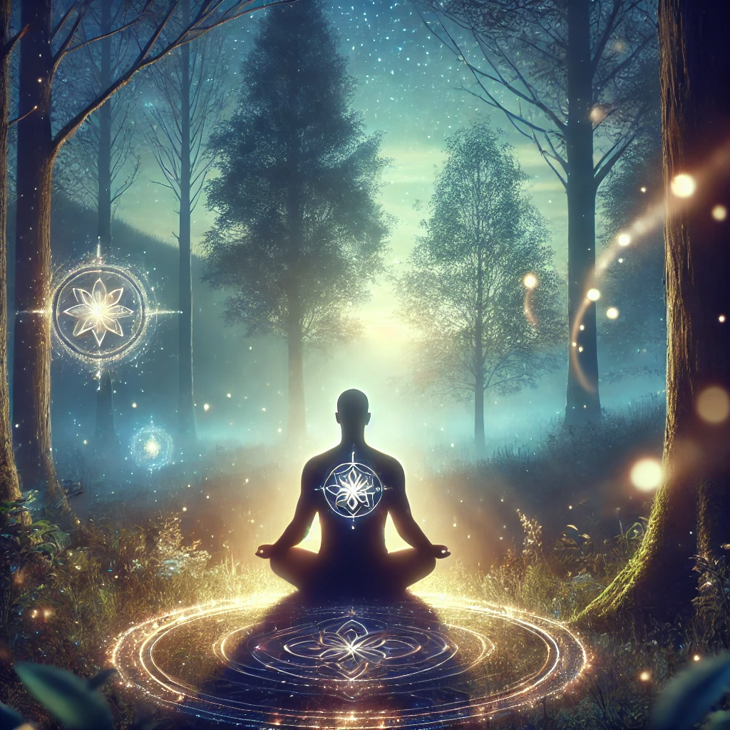 DALL·E 2024 11 22 00.42.25 A serene and mystical scene depicting a person meditating in a tranquil forest clearing during twilight. The individual appears grounded and connected