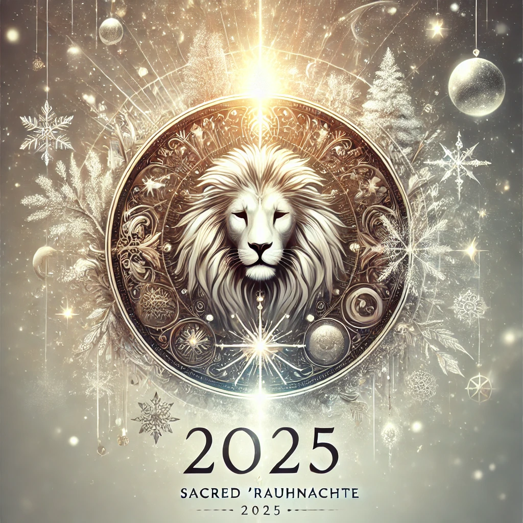 DALL·E 2024 11 22 01.48.35 A mystical icon representing the sacred Rauhnaechte theme blended with the energy of 2025. The design includes a celestial lion glowing with golden l