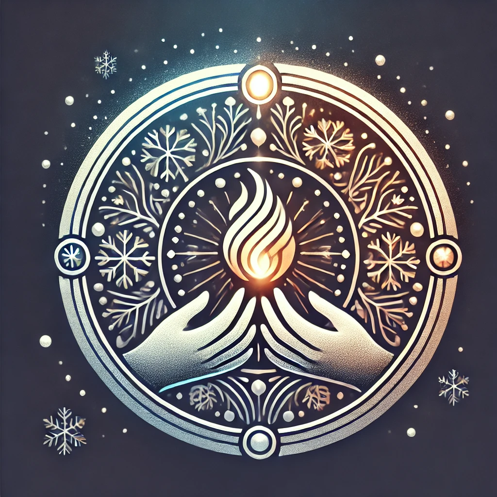 DALL·E 2024 11 22 02.00.52 A mystical and winter themed icon representing the sacred Rauhnaechte and the strength of a group providing support. The design features a glowing ci